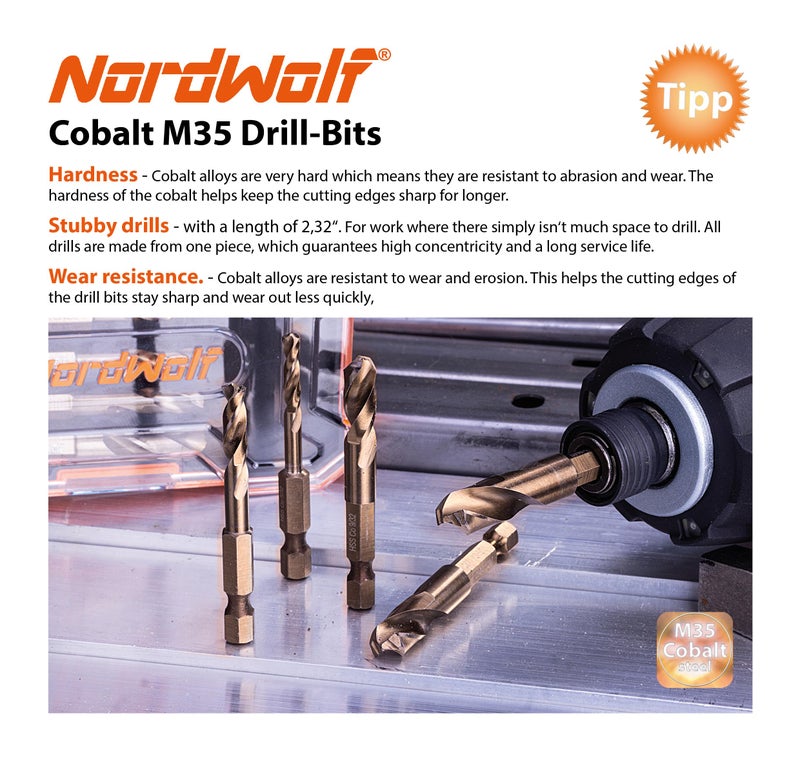 NordWolf 5-Piece M35 Cobalt Stubby Drill Bit Set for Stainless Steel & Hard Metals  with 1/4"" Hex Shank for Quick Chucks & Impact Drivers  SAE Sizes 5/32""-13/64""-9/32""-11/32""-3/8"" in Storage Case - Image 3